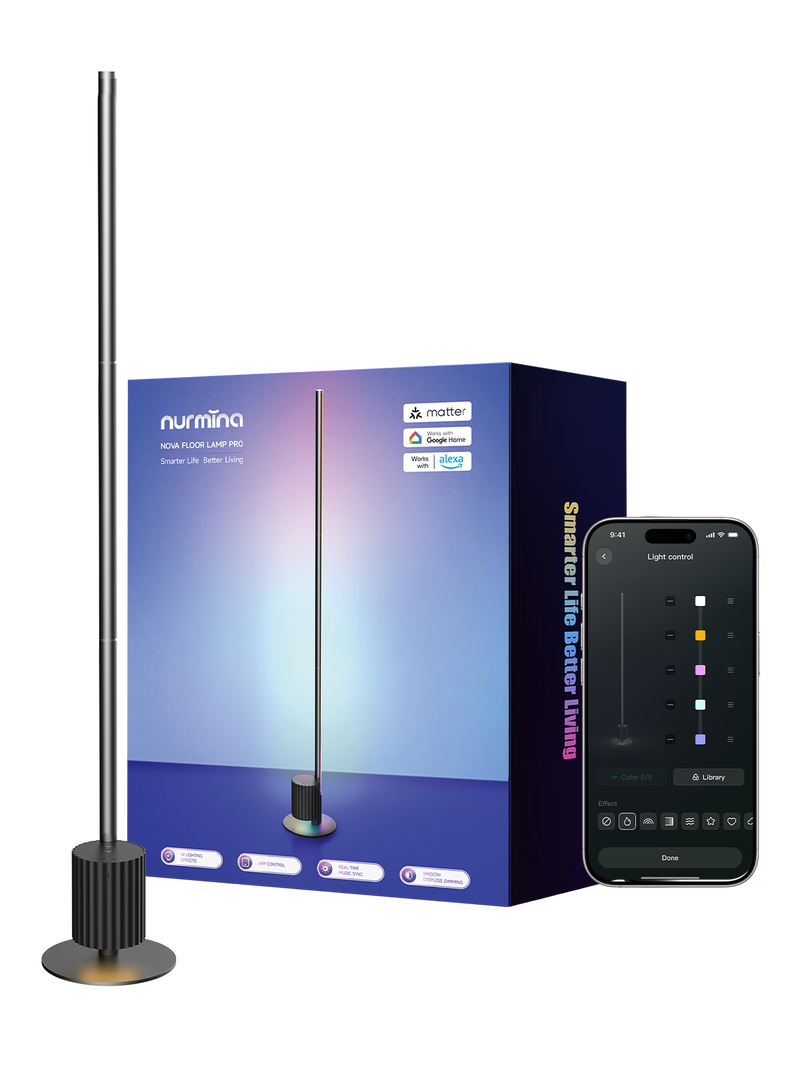 A Numina smart LED light pole kit shown with its retail box and a smartphone app screen on a white background. The product features a long metallic pole with a ribbed black base and a warm glowing light at the top, alongside the blue and purple packaging and a black smartphone displaying the control interface.