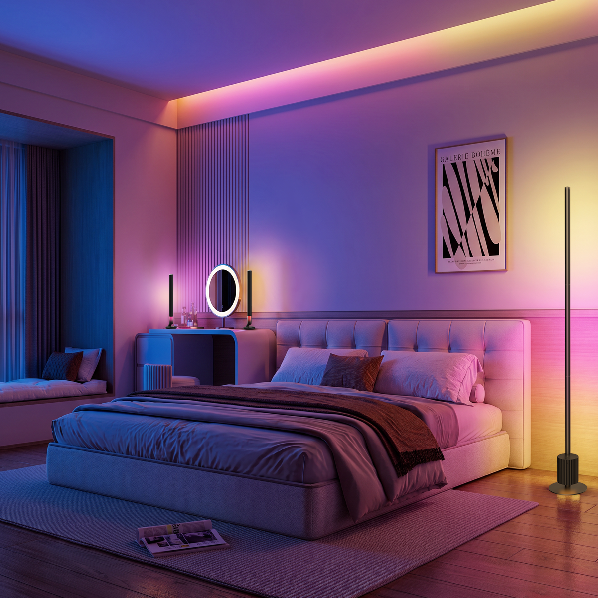 A modern bedroom scene with a bed dressed in purple bedding, a matching upholstered headboard, a vanity with a glowing round mirror, wall art, and ambient pink and blue lighting. A floor lamp stands on the right, and the room is set in a real interior environment.