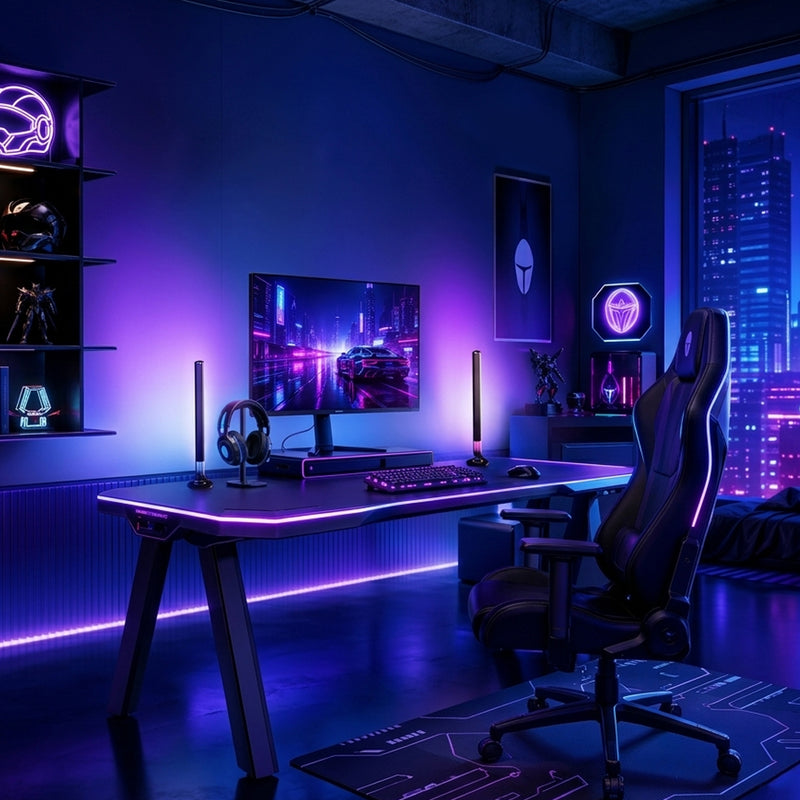 Modern gaming room with a desk, chair, and neon lights.