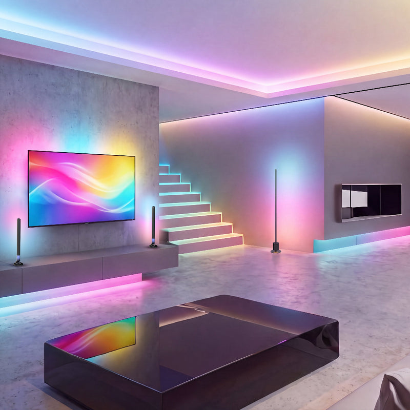 A modern living room interior with a large wall-mounted TV displaying a colorful abstract wave screen, ambient LED lighting in pink, blue, and purple, a staircase with built-in step lights, a glossy black coffee table, and a concrete-textured wall.
