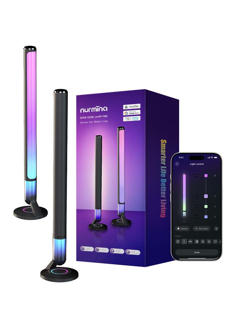 A smart LED lamp Pro by nurmino shown with its purple retail box and a smartphone displaying the companion app. The lamp itself is black with a glowing multicolor LED light bar in pink, purple, blue, and green.
