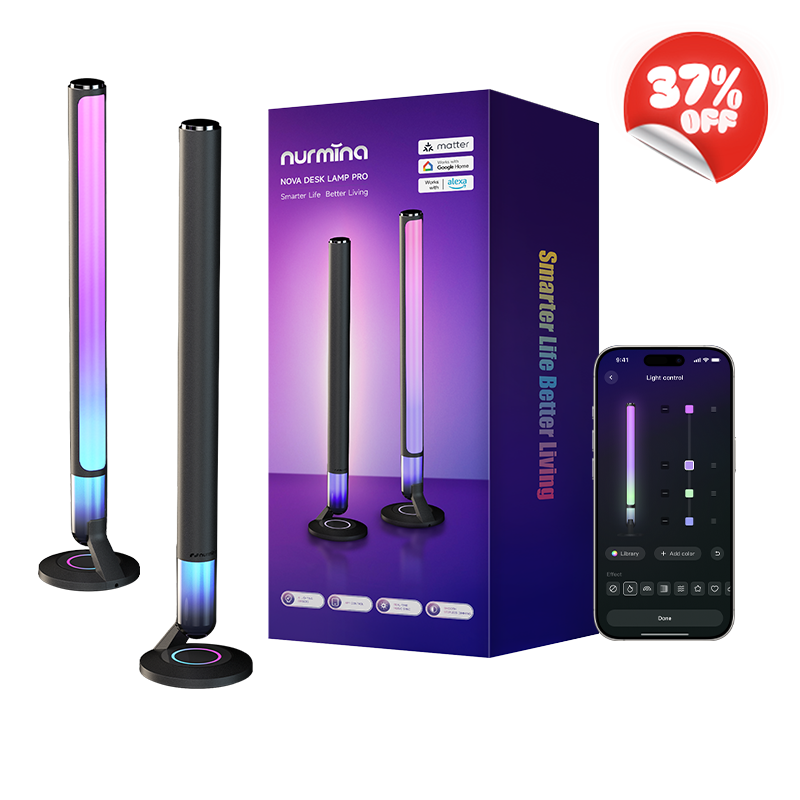 Two slim LED light sticks with a black body and colorful gradient lighting, shown beside their purple retail box and a smartphone app control screen. A red '37% OFF' badge appears in the top right.