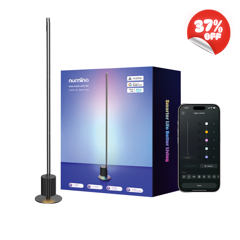 A smart floor lamp shown with its retail box and a smartphone app control screen on a white background, plus a red '3% off' badge in the top right.