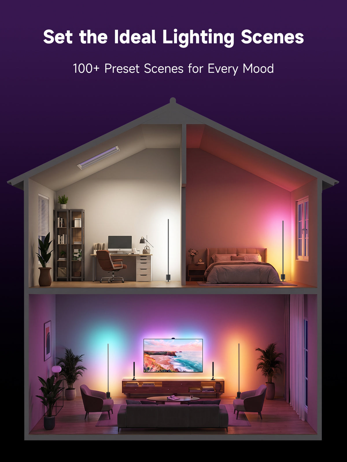Promotional graphic for a lighting preset app, showing a cutaway house interior with different room scenes illuminated in blue, pink, orange, and warm tones. Text at the top reads 'Set the Ideal Lighting Scenes' and '100+ Preset Scenes for Every Mood'.