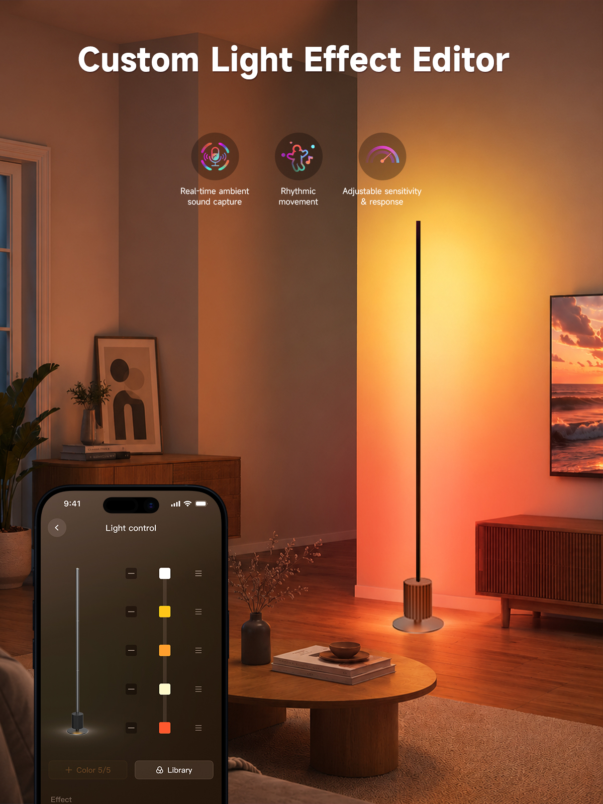A custom light effect editor app shown on a smartphone screen, with a modern living room scene illuminated by a floor lamp emitting warm orange and yellow light. The image includes text reading 'Custom Light Effect Editor' and feature icons for real-time ambient light capture, rhythmic fluorescence, and adjustable smoothness and ripple.