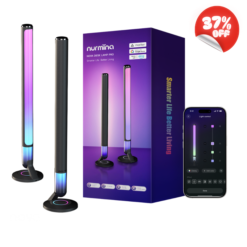 Nurmina smart light stick PRO 2-in-1 lamp and speaker set shown with two black light sticks emitting pink, blue, and purple light, the purple product box, and a smartphone app screen on a white background with a red 37% off badge.