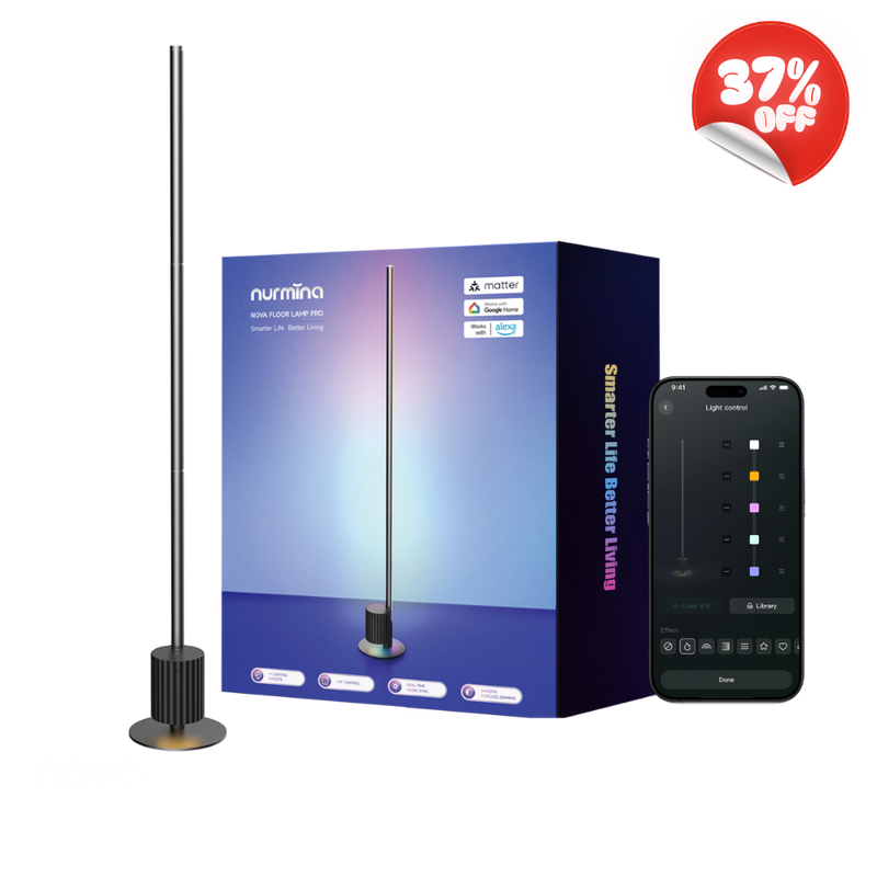 A smart LED floor lamp with a slim metallic pole and round base stands next to its blue and purple product box and a smartphone app control screen showing the light color settings. A red '37% OFF' sticker is in the top right corner.